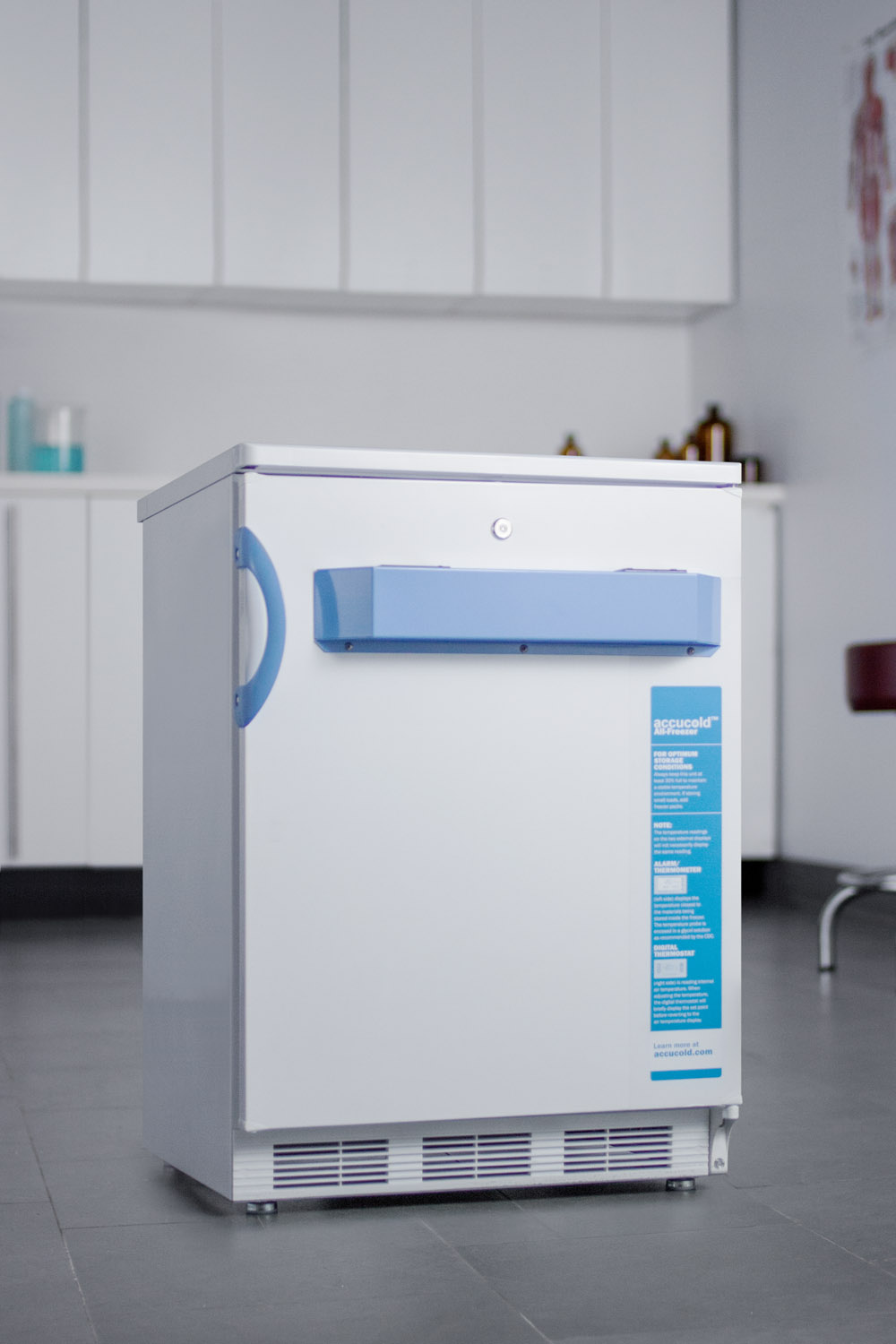 Built-in undercounter medical/scientific -25 C capable all-freezer with front control panel equipped with a digital thermostat and NIST calibrated thermometer/alarm